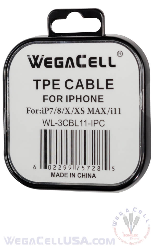 Apple Compatible Fast Charging 3 Ft Lightning TPE Data Cable - Wholesale Pkg. WegaCell: WL-3CBL11-IPH