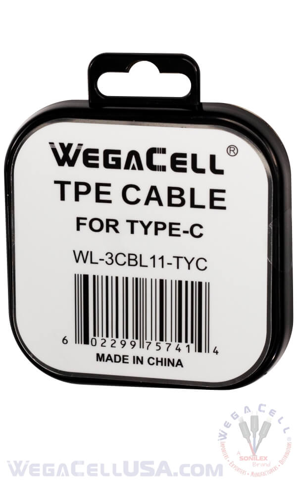 Android Type C USB Braided Fast Charging 3 Ft TPE Data Cable - Wholesale Pkg. WegaCell: WL-3CBL11-TYC