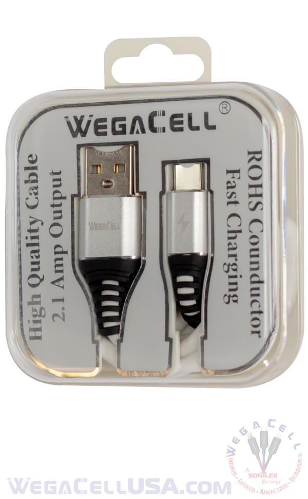 Android Type C USB Braided Fast Charging 3 Ft TPE Data Cable - Wholesale Pkg. WegaCell: WL-3CBL51-TYC
