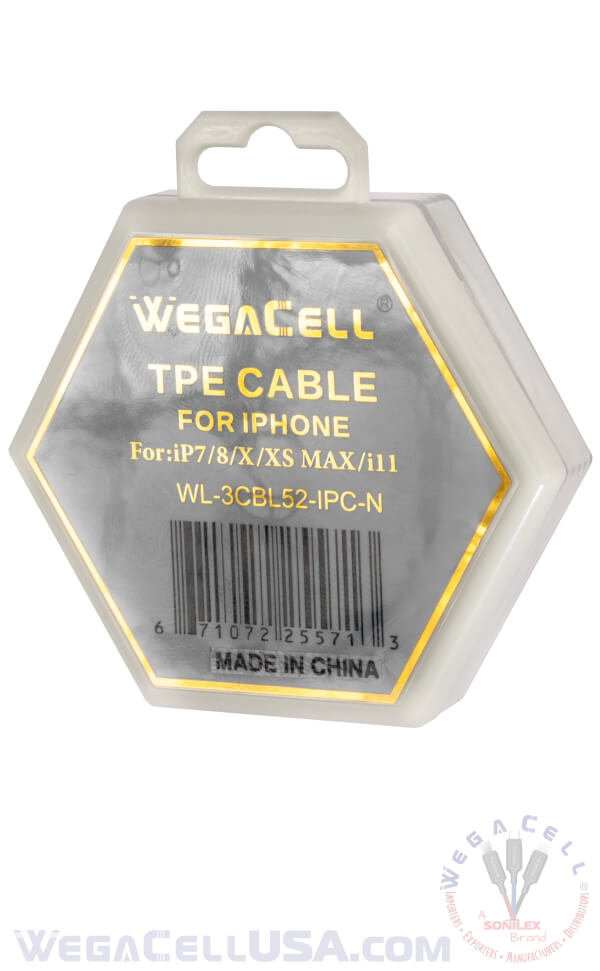 Apple Compatible Fast Charging 3 Ft Lightning TPE Data Cable - Wholesale Pkg. WegaCell: WL-3CBL52-IPH