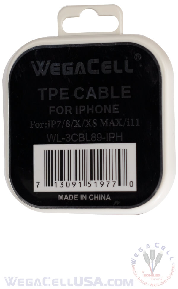 Apple Compatible Fast Charging 3 Ft Lightning TPE Data Cable - Wholesale Pkg. WegaCell: WL-3CBL89-IPH