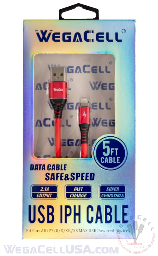 Apple Compatible Fast Charging 5 Ft Lightning TPE Data Cable - Wholesale Pkg. WegaCell: WL-5CBL12-IPH