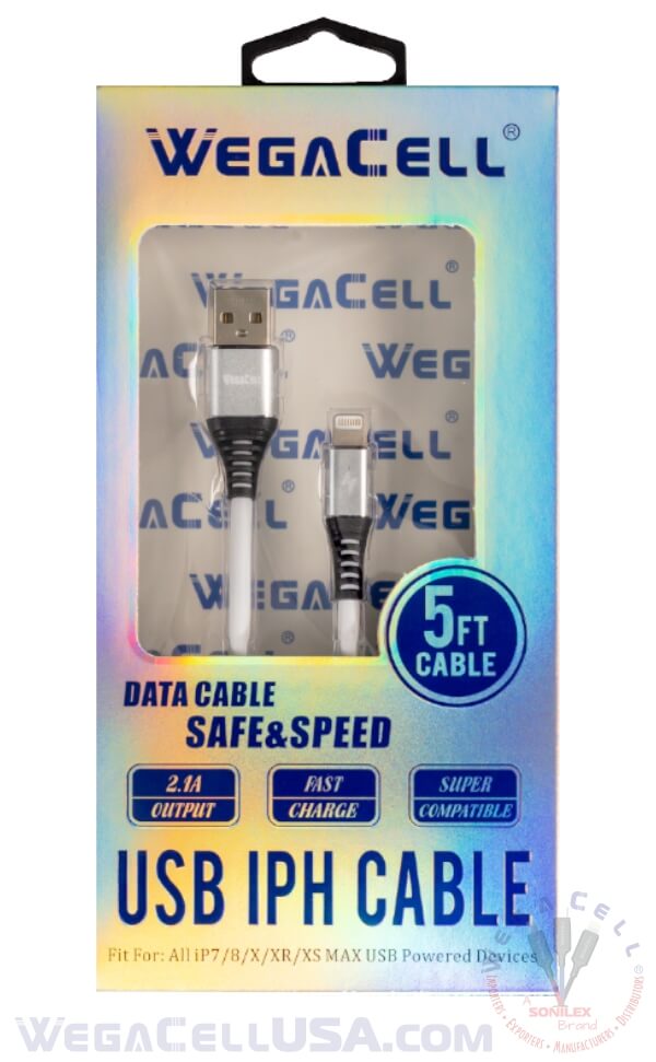 Apple Compatible Fast Charging 5 Ft Lightning TPE Data Cable - Wholesale Pkg. WegaCell: WL-5CBL12-IPH