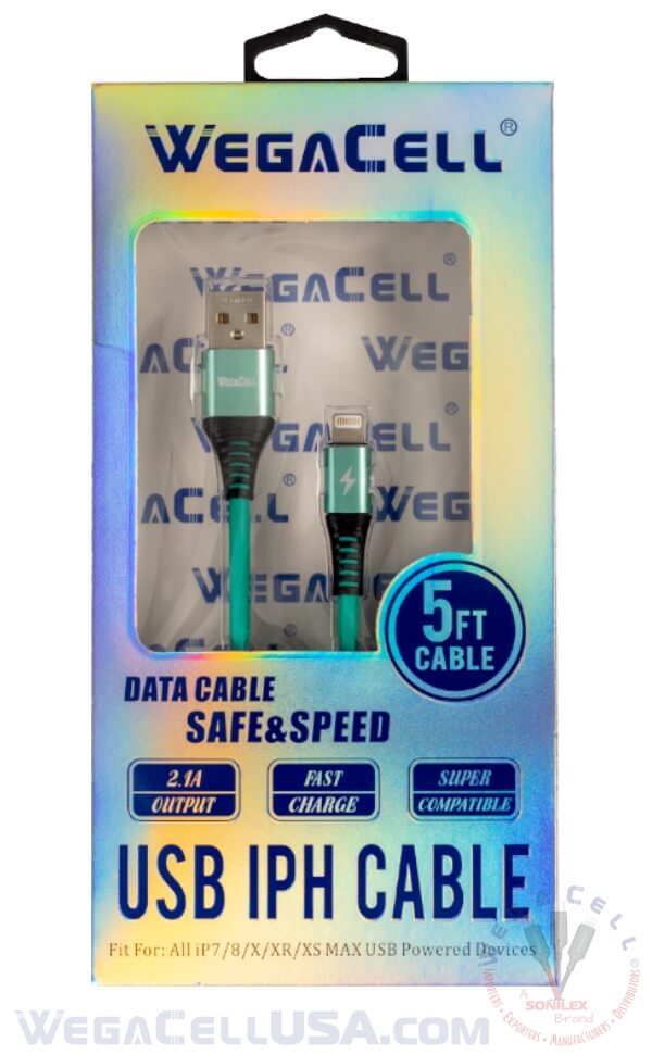 Apple Compatible Fast Charging 5 Ft Lightning TPE Data Cable - Wholesale Pkg. WegaCell: WL-5CBL12-IPH