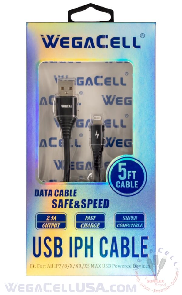 Apple Compatible Fast Charging 5 Ft Lightning TPE Data Cable - Wholesale Pkg. WegaCell: WL-5CBL12-IPH