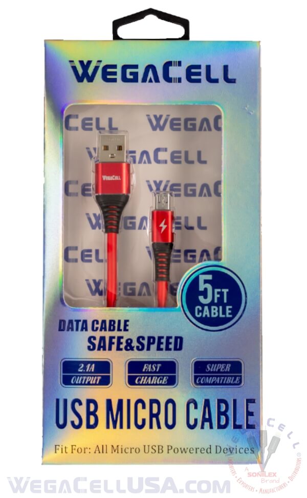 Android V8 Micro USB Braided Fast Charging 5 Ft TPE Data Cable - Wholesale Pkg. WegaCell: WL-5CBL12-MCR