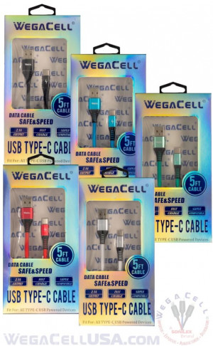 Android Type C USB Braided Fast Charging 5 Ft TPE Data Cable - Wholesale Pkg. WegaCell: WL-5CBL12-TYC