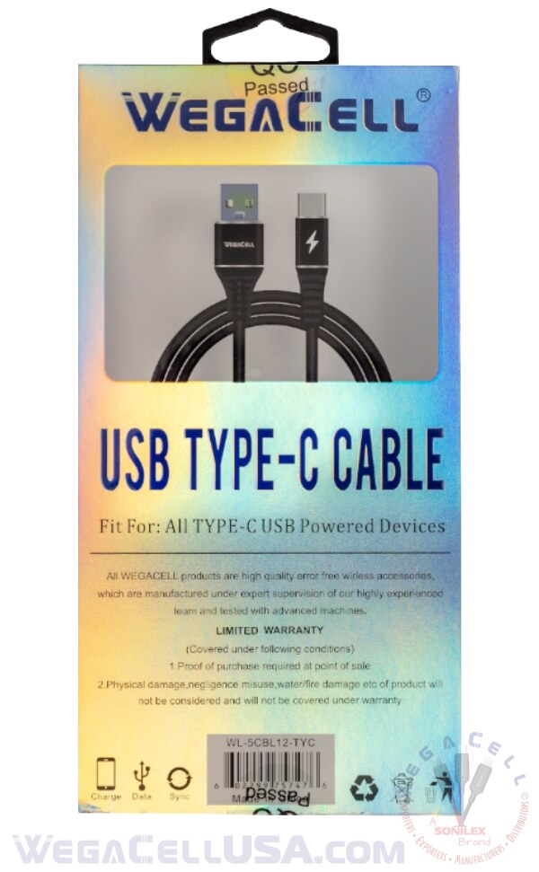 Android Type C USB Braided Fast Charging 5 Ft TPE Data Cable - Wholesale Pkg. WegaCell: WL-5CBL12-TYC