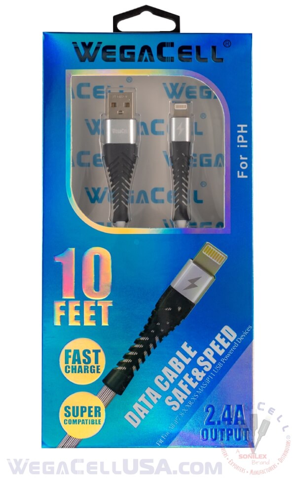 Apple Compatible Fast Charging 10 Ft Lightning TPE Data Cable - Wholesale Pkg. WegaCell: WL-10FTCBL26-IPH