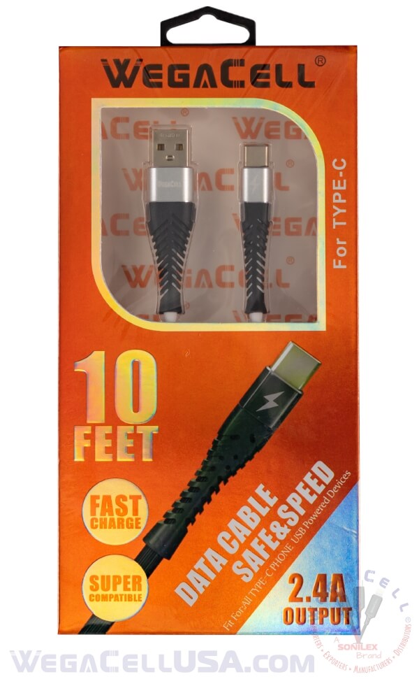 Android Type C USB Braided Fast Charging 10 Ft TPE Data Cable - Wholesale Pkg. WegaCell: WL-10FTCBL27-TYC