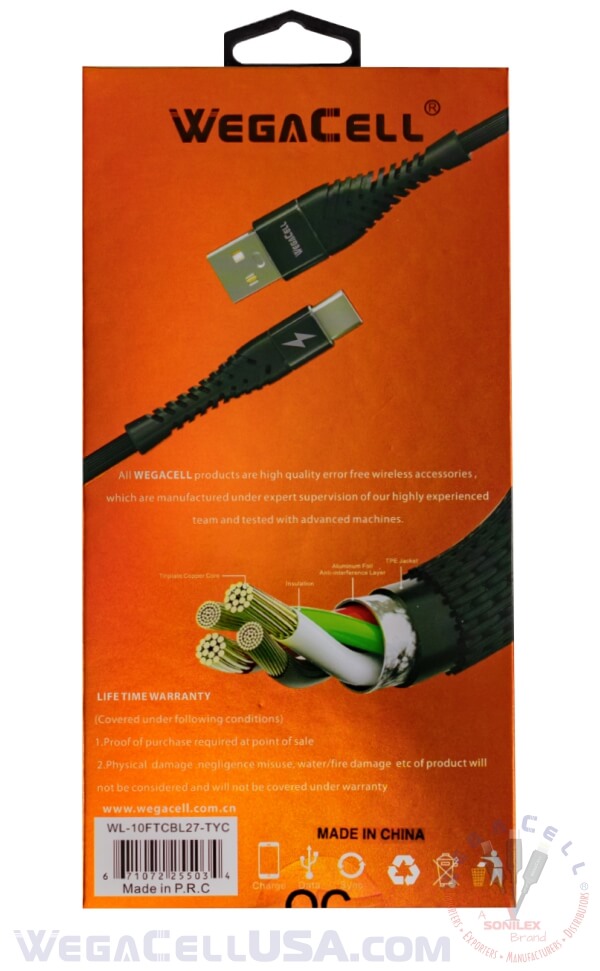 Android Type C USB Braided Fast Charging 10 Ft TPE Data Cable - Wholesale Pkg. WegaCell: WL-10FTCBL27-TYC