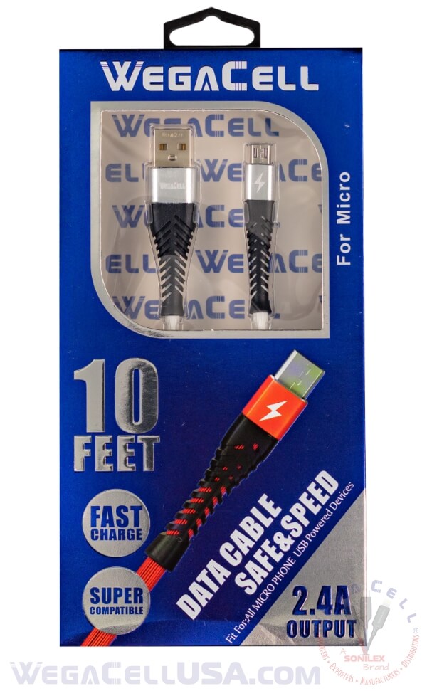 Android V8 Micro USB Braided Fast Charging 10 Ft TPE Data Cable - Wholesale Pkg. WegaCell: WL-10FTCBL28-MCR