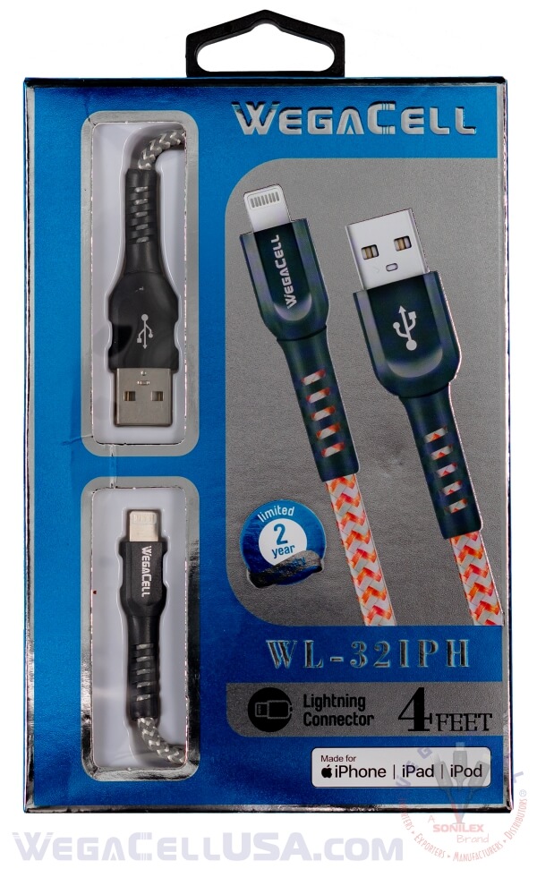 Apple Certified MFI iPhone Fast Charging 4 Ft Lightning Cable - Wholesale Pkg. WegaCell: WL-32IPH