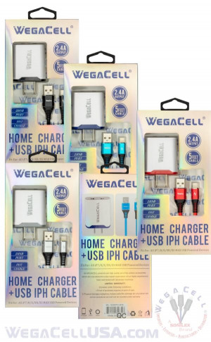 Apple Compatible Universal Dual Port Wall Charger Lightning Cable Combo - Wholesale Pkg. WegaCell: WL-1602IPH-2HC