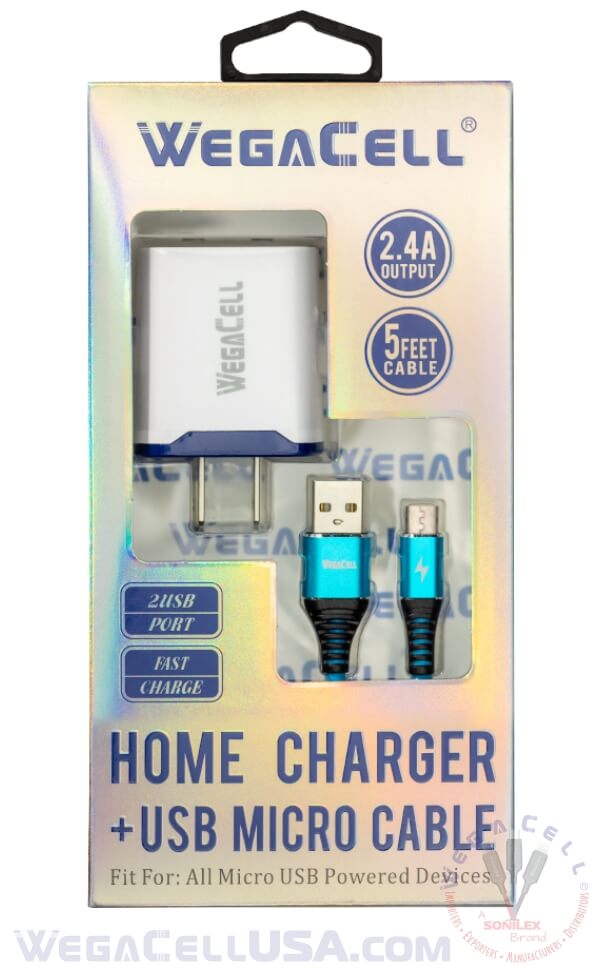 Android Universal Dual Port Wall Charger V8 Micro Cable Combo - Wholesale Pkg. WegaCell: WL-1602MCR-2HC