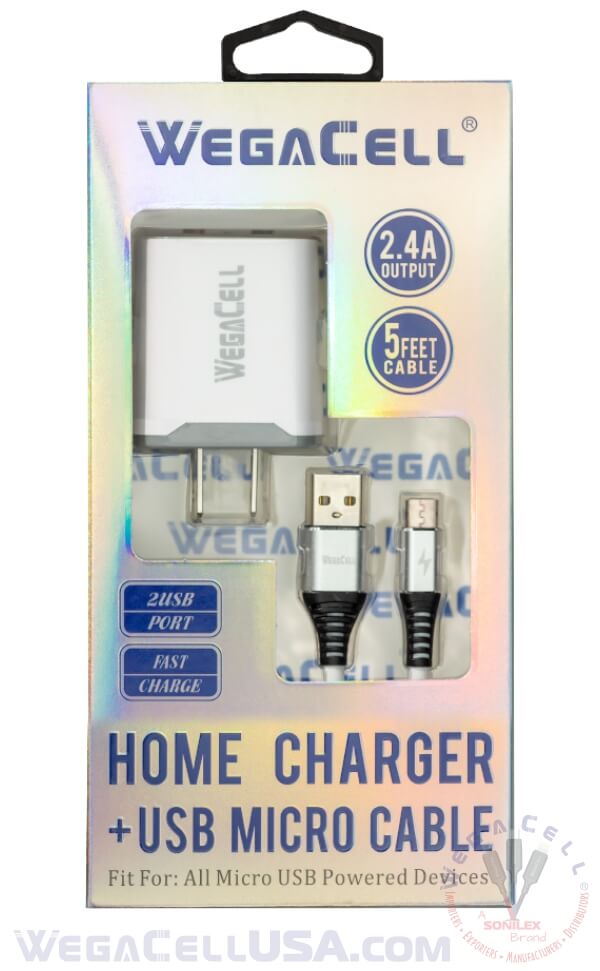 Android Universal Dual Port Wall Charger V8 Micro Cable Combo - Wholesale Pkg. WegaCell: WL-1602MCR-2HC