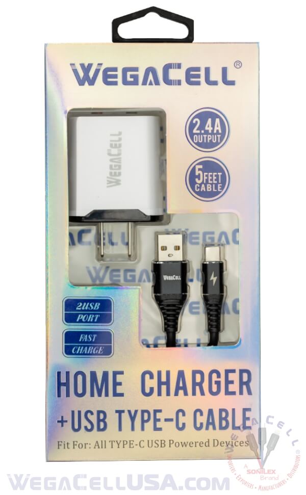 Android Universal Dual Port Wall Charger USB Type C Cable Combo - Wholesale Pkg. WegaCell: WL-1602TYC-2HC