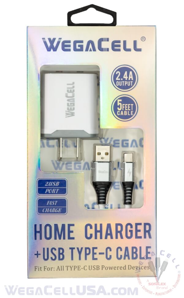 Android Universal Dual Port Wall Charger USB Type C Cable Combo - Wholesale Pkg. WegaCell: WL-1602TYC-2HC