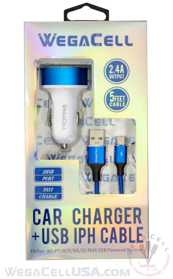 Apple Compatible Universal Dual Port Car Charger Lightning Cable Combo - Wholesale Pkg. WegaCell: WL-1604IPH-2DCH