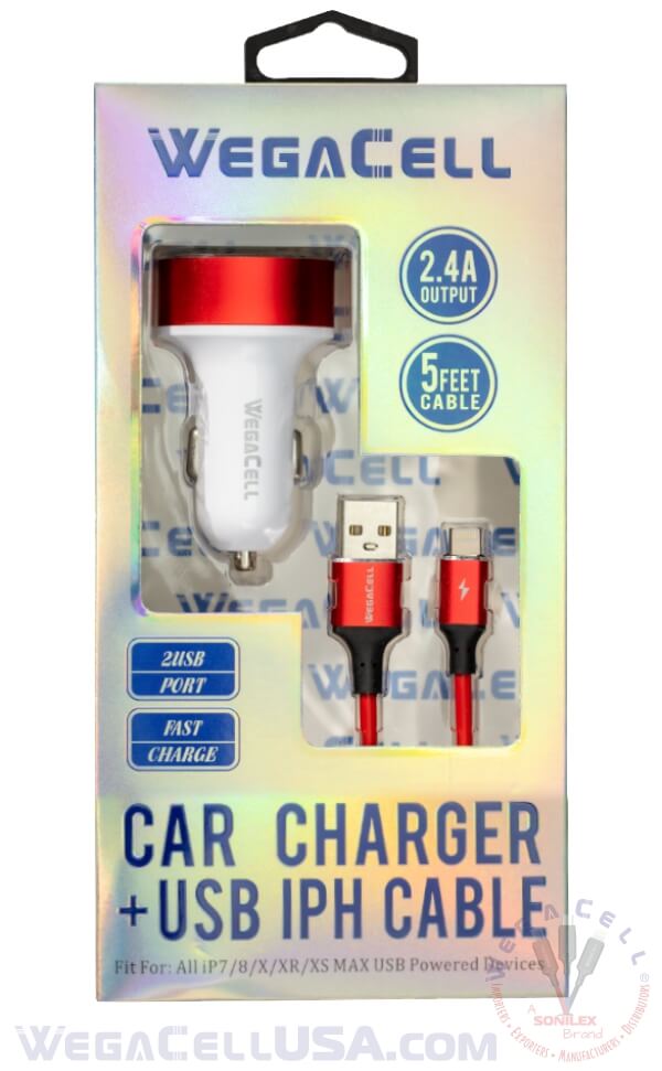 Apple Compatible Universal Dual Port Car Charger Lightning Cable Combo - Wholesale Pkg. WegaCell: WL-1604IPH-2DCH