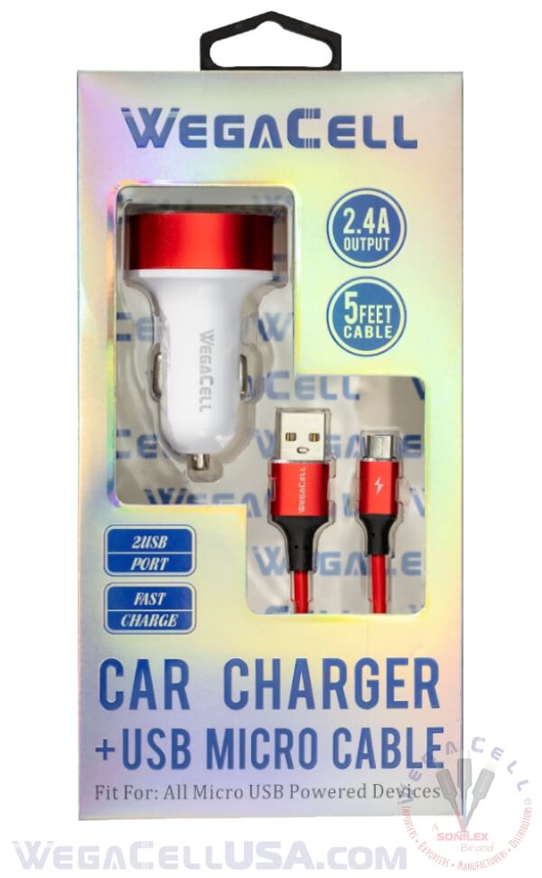 Android Universal Dual Port Car Charger V8 Micro Cable Combo - Wholesale Pkg. WegaCell: WL-1604MCR-2DCH