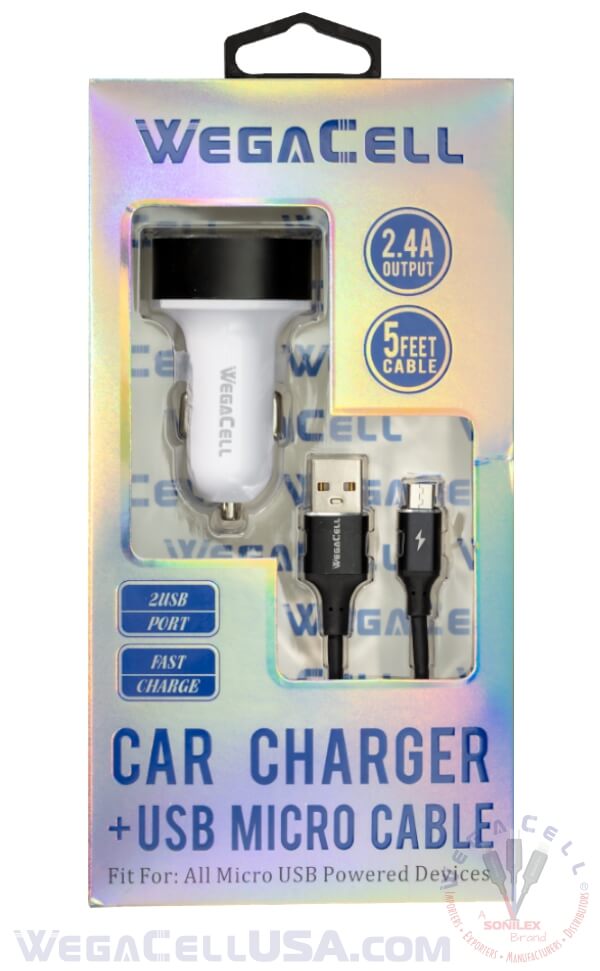 Android Universal Dual Port Car Charger V8 Micro Cable Combo - Wholesale Pkg. WegaCell: WL-1604MCR-2DCH