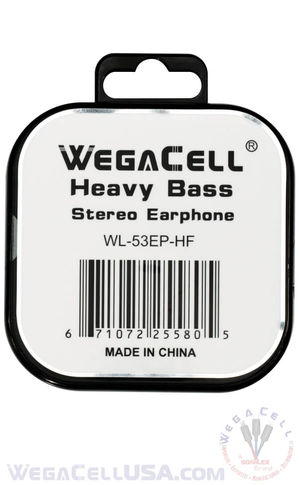 In-Ear Stereo Earphone Noise Isolating Heavy Bass - Wholesale Pkg. WegaCell: WL-53EP-HF-NEW