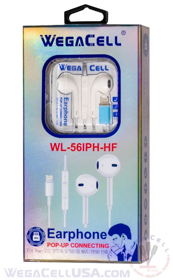 Apple Compatible In-Ear Stereo Earphone Noise Isolating Heavy Bass - Wholesale Pkg. WegaCell: WL-56IPH-HF