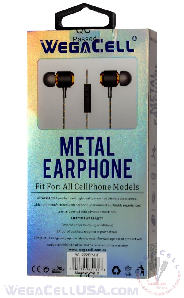 In-Ear Stereo Earphone Noise Isolating Heavy Bass - Wholesale Pkg. WegaCell: WL-222EP-HF