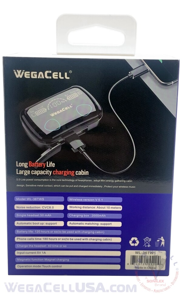 Bluetooth 5.1 TWS HD Wireless Earbuds - Wholesale Pkg. WegaCell: WL-36TWS