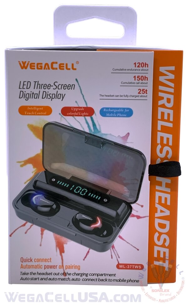 Bluetooth 5.0 TWS HD Wireless Earbuds - Wholesale Pkg. WegaCell: WL-37TWS