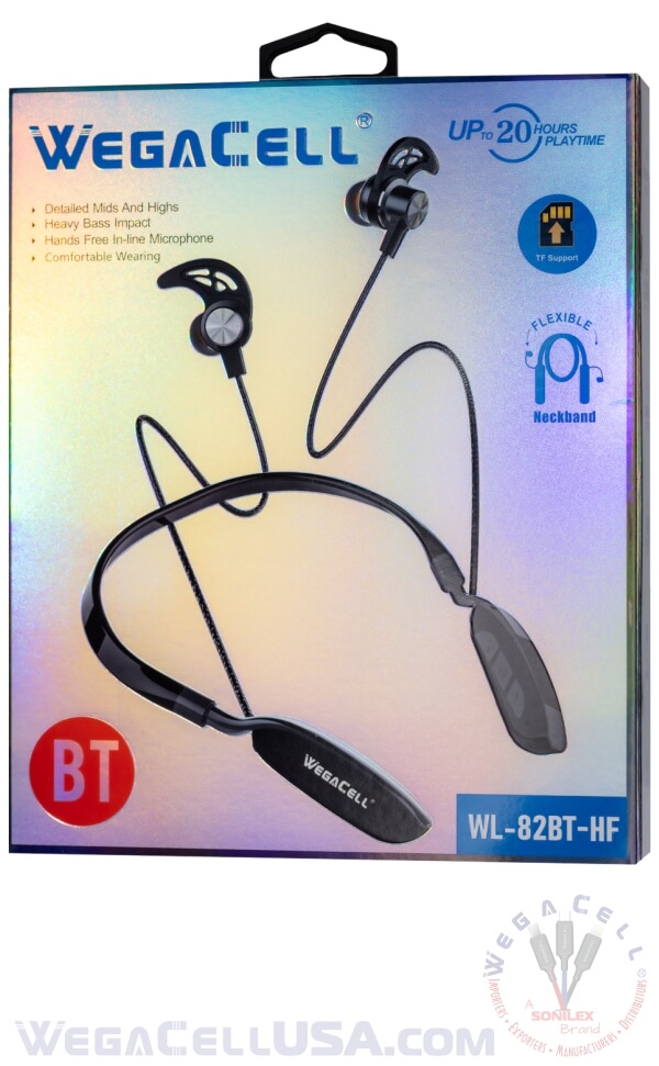 Bluetooth 5.0 TF Card Flexible Neckband 20 hr HD Wireless Earphone - Wholesale Pkg. WegaCell: WL-82BT-HF