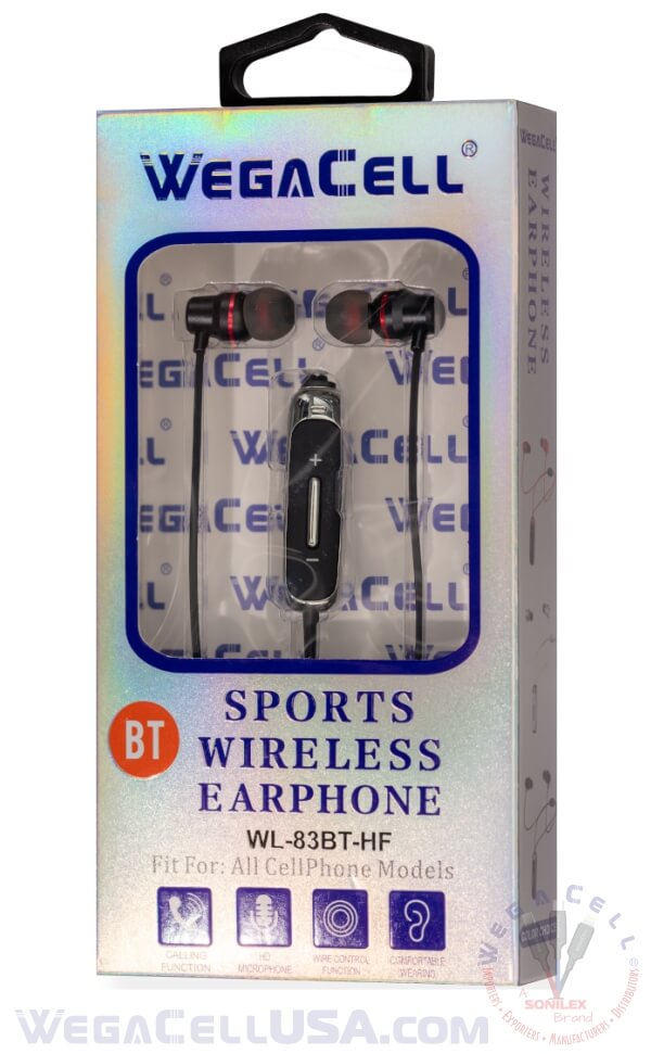 Bluetooth 5.0 Premium Sound Tangle-Free Wireless In-Ear Stereo Earphone - Wholesale Pkg. WegaCell: WL-83BT-HF