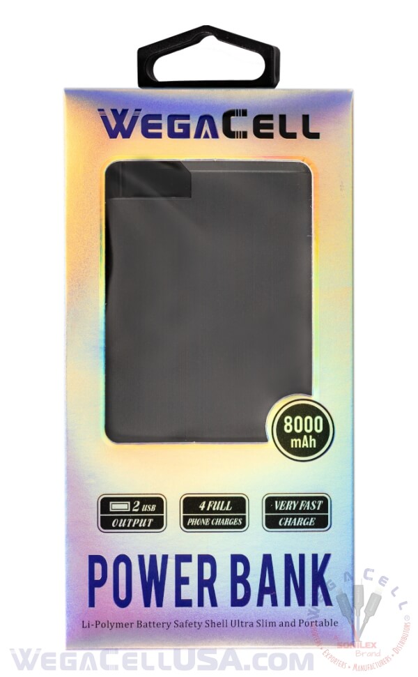 8000 mAh Power Bank fast Charging Lithium-Polymer Portable Battery Pack - Wholesale Pkg. WegaCell: WL-2USB14-PB