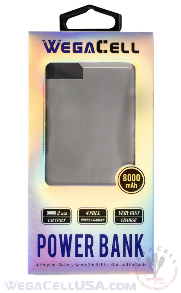8000 mAh Power Bank fast Charging Lithium-Polymer Portable Battery Pack - Wholesale Pkg. WegaCell: WL-2USB14-PB