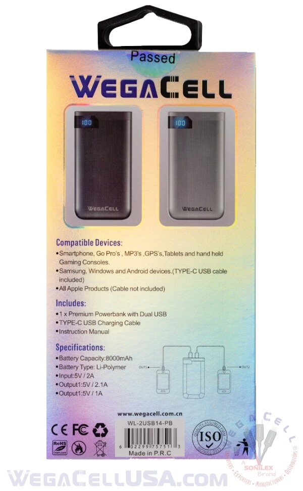 8000 mAh Power Bank fast Charging Lithium-Polymer Portable Battery Pack - Wholesale Pkg. WegaCell: WL-2USB14-PB